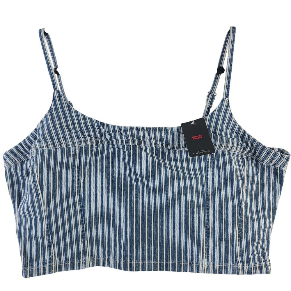 Levis Women's Slim Cropped Fit Blue & White Striped Tank Top XL